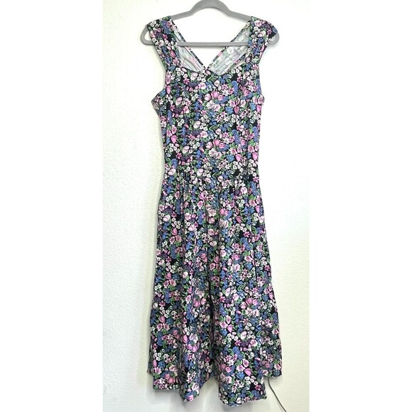 VTG 1980s Floral Maxi Dress Sweetheart Neck Black Multicolor Rayon Size 9 Medium - Picture 9 of 16